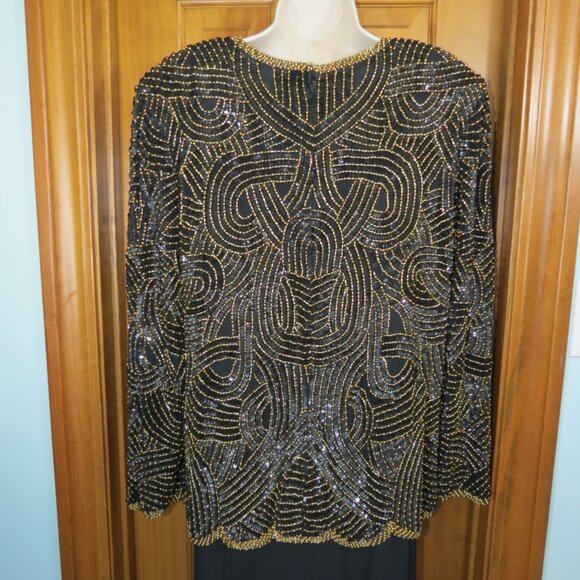 VTG Royal Feelings Black Evening Top Gold Beads Silk Cocktail Size 1X - Picture 7 of 9